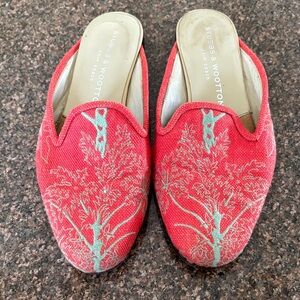Stubbs & Wootton Ladies Orange/Red Turquoise Embroidered Trees Mules-6-RARE